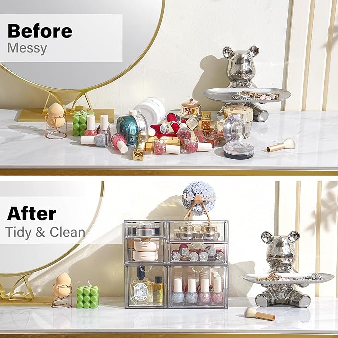 Prsildan Acrylic Drawer Makeup Organizer with 6 Drawers (Not for Baby Bottle), Set of 2 Office Desk Organizers Accessories, Clear Stackable Storage Drawers for Vanity, Craft (Largest Drawer 4" Tall)