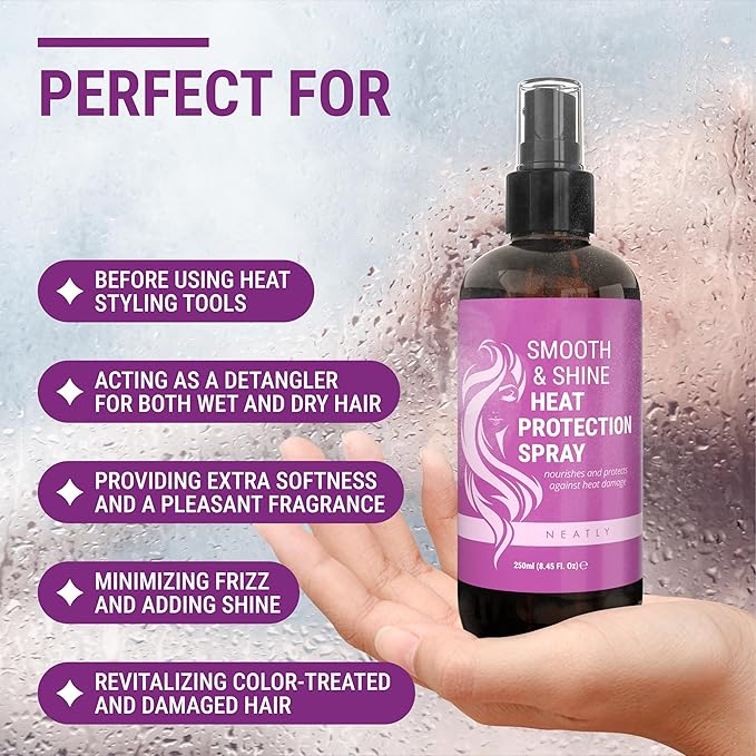 NEATLY Leave-In Keratin Heat Protectant Spray for Hair for Dry, Damaged, Frizzy Hair - Nourishing Formula, Frizz Control, Humidity Shield - No Parabens, Sulfates or Phthalates, 8.5 Oz