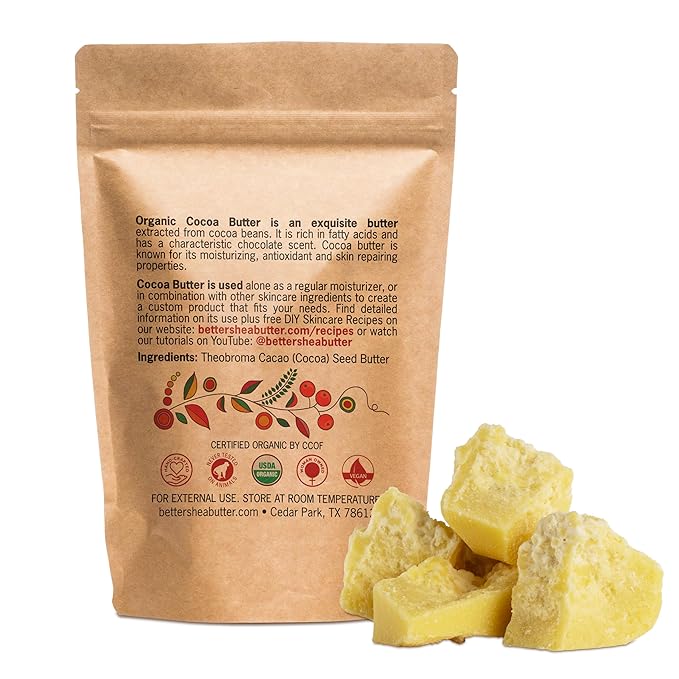 Organic Cocoa Butter Raw Unrefined - Food Grade USDA Certified - for Scars, Stretch Marks Cream - 100% Cocoa Butter Raw Organic for Skin Moisturizer, Lip Balm 8 oz