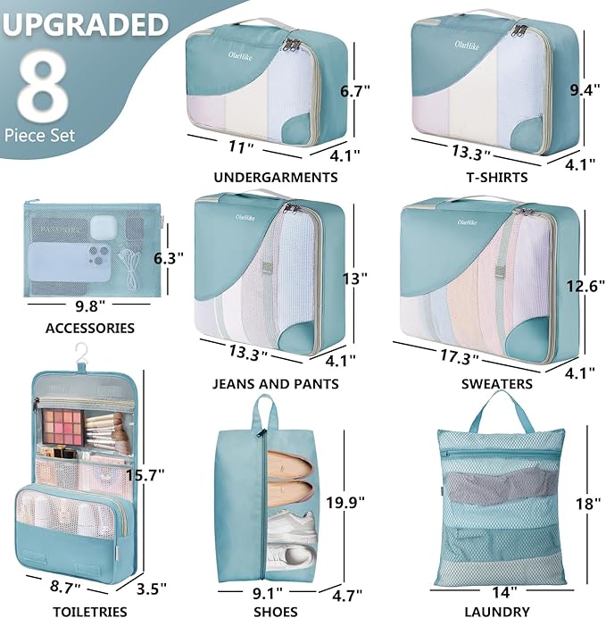 8 Set Packing Cubes for Travel, Gifts for Women Mom,Anti-Tearing Suitcase Organizer for Luggage with Shoe & Hanging Toiletry Bag,OlarHike Vacation Essentials & Accessories for Cruise Ship, Blue Gray