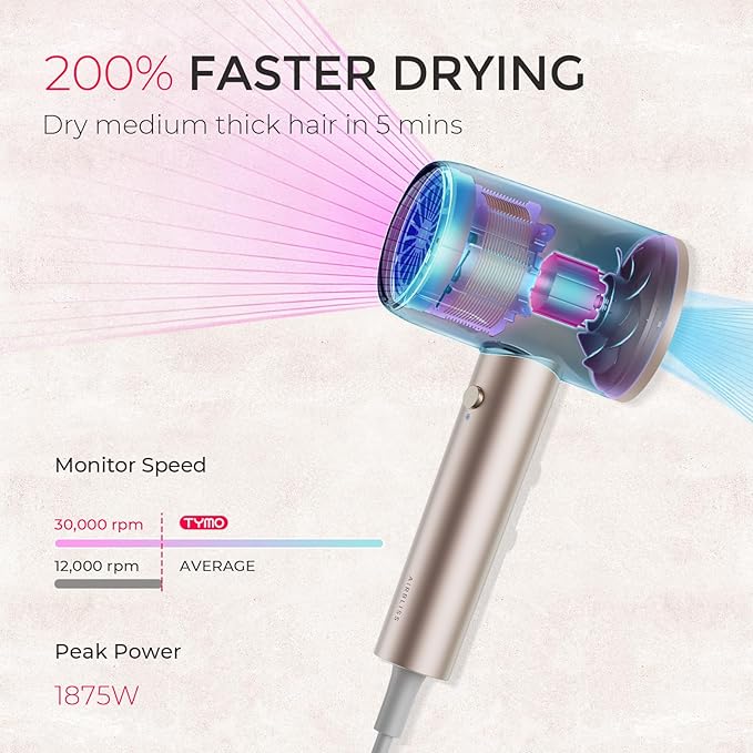 TYMO Diffuser Hair Dryer Blow Dryer - 300 Million Ionic Hairdryer with Diffuser & Comb Attachment for Curly Hair, Professional Blowdryer for Women, Cool Air Button, Small Travel Lightweight, Gold