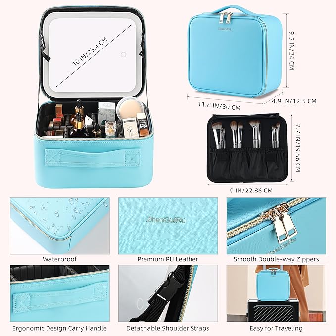 ZhenGuiRu Travel Makeup Bag with LED Mirror – Waterproof Cosmetic Train Case with Adjustable Dividers, Portable Makeup Organizer and Toiletry Bag for Women, Teens & Girls Gift, Blue