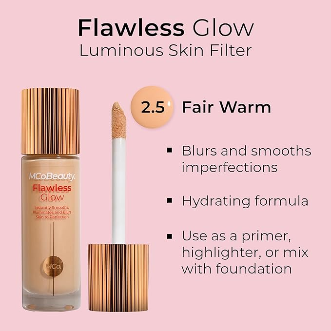 MCoBeauty - Flawless Glow Luminous Skin Filter - 2.5 Fair Shade - 4-in-1 Multi-Use Formula that Contains Squalane - Includes Doe Foot Applicator - Liquid Illuminator