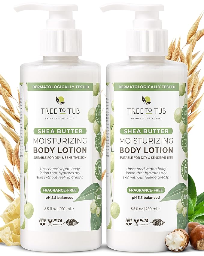 Tree to Tub Unscented Shea Butter Body Lotion for Dry Skin - Fragrance Free Lotion,Vegan Body Moisturizer, Good for Sensitive Skin for both Women & Men 2 Pack