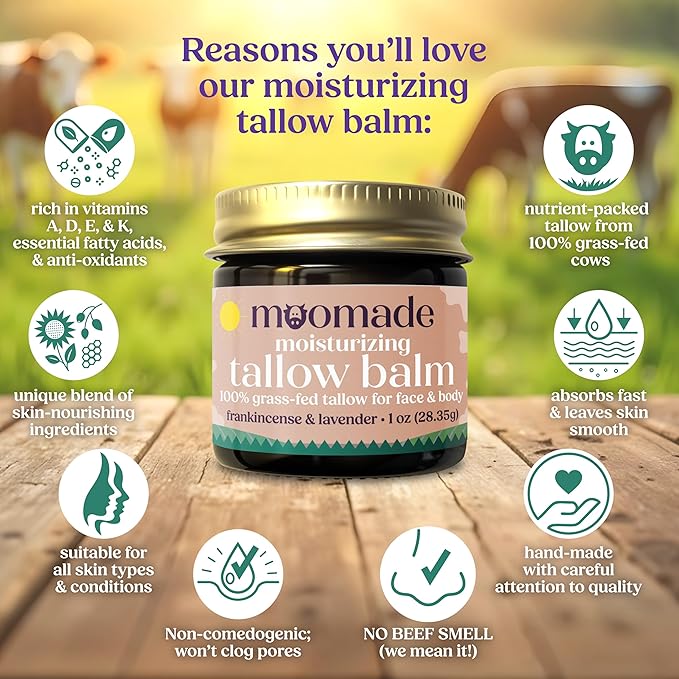 Organic Beef Tallow Balm with Frankincense, Lavender, & Rosehip Oil, 1 oz – Hand Made in USA Tallow Moisturizer for Dry, Sensitive Skin, Rosacea, Eczema | Natural Hydration for Face & Body
