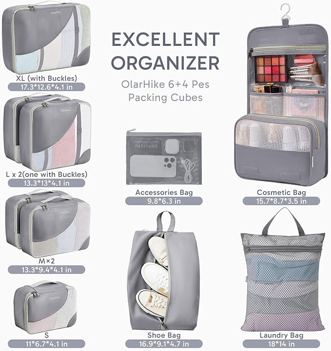 ALL INCLUDED 10 Set Durable Packing Cubes for Suitcases,OlarHike Essentials for Travel,UPGRADED Anti-Tear Stitching, NEW Improved Luggage Packing Organizers for Travel Accessories (Ash)
