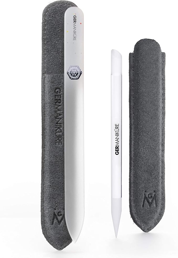 GERMANIKURE Crystal Glass Cuticle Stick & White Nail File Set in Suede Sleeves – Handmade in Czech Republic – Professional Manicure Supplies – Cuticle Pusher, Callus Remover - Ideal Nail Care Gift