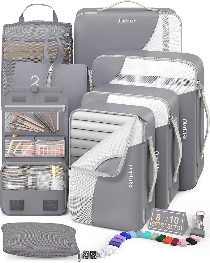 8 Set Packing Cubes for Travel, Anti-Tearing Suitcase Organizer for Luggage with Shoe & Hanging Toiletry Bag,Gifts for Women Mom,OlarHike Vacation Essentials & Accessories for Cruise Ship,Ash