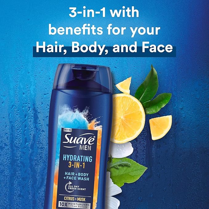 Suave Men Moisturizing Body, Face and Hair Wash, 3-in-1 For Hydrated Skin and Hair, Citrus & Musk scent, No Parabens, No Phtahaltes, 18 Oz Pack of 6