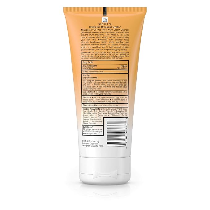 Neutrogena Oil-Free Acne Face Wash Cream Cleanser with Salicylic Acid, Non-Comedogenic Acne-Prone Skin Cleanser, 6.7 fl. oz (Pack of 2)