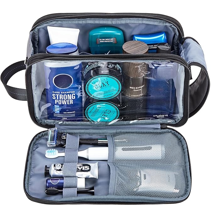 ZEEMO Travel Toiletry Bag for Men, Medium Water-Resistant Double-Sided Full-Open Dopp Kit, Versatile Organizer for Shower and Hygiene Accessories, Bathroom Essentials, Cosmetics, Grey