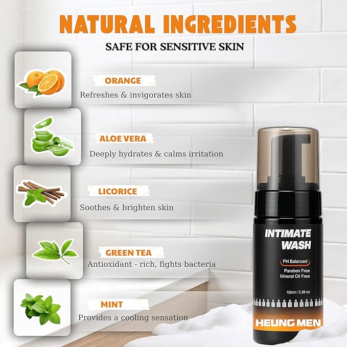 Intimate Wash for Men with Green Tea & Orange Oil | pH Balanced Masculine Foam - Natural Ingredients | Cool, refreshing feeling | Daily Hygiene Care 3.38 fl oz