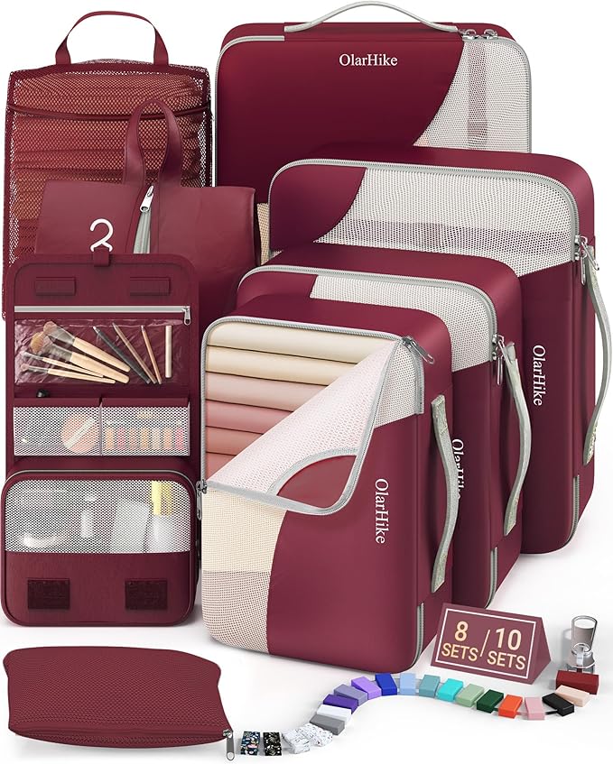 8 Set Packing Cubes for Travel, Anti-Tearing Suitcase Organizer for Luggage with Shoe & Hanging Toiletry Bag,Gifts for Women Mom,OlarHike Vacation Essentials & Accessories for Cruise Ship,Wine