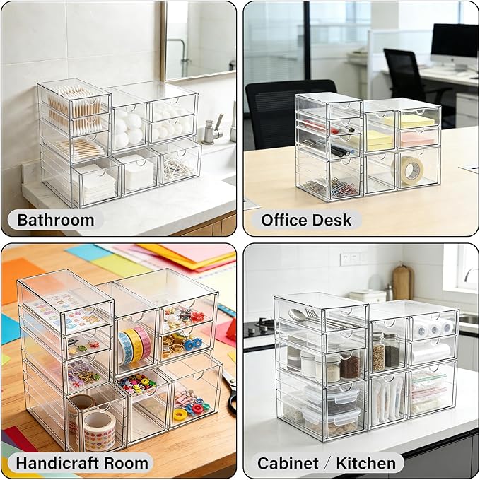 Prsildan Acrylic Drawer Makeup Organizer with 9 Drawers, Set of 3 Office Desk Organizers Accessories, Clear Stackable Storage Drawers for Vanity, Countertop, Craft, Jewelry, Art Supply Organization