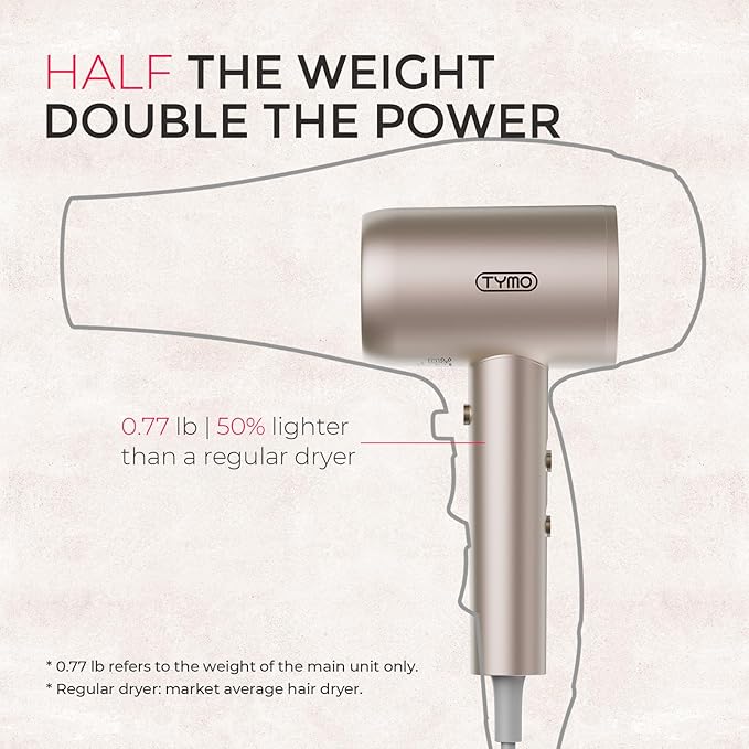TYMO Diffuser Hair Dryer Blow Dryer - 300 Million Ionic Hairdryer with Diffuser & Comb Attachment for Curly Hair, Professional Blowdryer for Women, Cool Air Button, Small Travel Lightweight, Gold