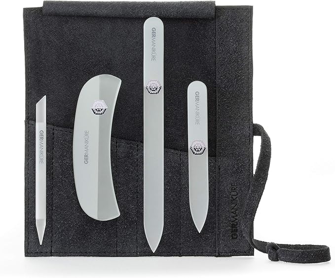GERMANIKURE Gray Crystal Glass Nail File Set in Black Suede Case – Handmade in Czech Republic – Professional Manicure & Pedicure Supplies – Glass Cuticle Stick, Pusher, Moon File
