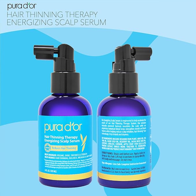 PURA D'OR Scalp Therapy Energizing Scalp Serum Revitalizer (4oz) with Argan Oil, Biotin, Caffeine, Stem Cell, Catalase & DHT Blockers, All Hair Types, Men & Women (Packaging may vary) (Pack of 2)