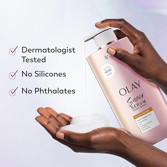 Olay Super Serum Body Wash for Extra Dry Skin, 24hr Long Lasting Hydration, 5+ Ingredient Complex for Bright Even Firm Luminous Skin, 28 fl oz