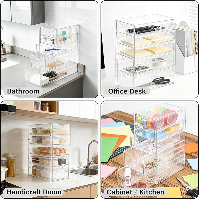 Prsildan Acrylic Drawer Makeup Organizer with 5 Drawers, Hair Accessories Organizer, Office Desk Organization, Clear Stackable Storage Drawers for Vanity, Countertop, Craft, Jewelry