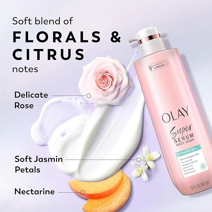 Olay Super Serum Body Wash for Sensitive Skin, 24hr Long Lasting Hydration, 5+ Ingredient Complex for Bright Even Firm Luminous Skin, 20 fl oz