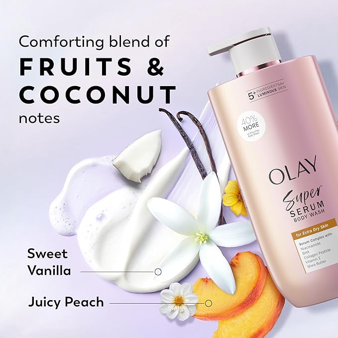 Olay Super Serum Body Wash for Extra Dry Skin, 24hr Long Lasting Hydration, 5+ Ingredient Complex for Bright Even Firm Luminous Skin, 28 fl oz