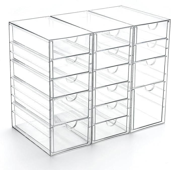 Prsildan Acrylic Drawer Organizer with 15 Drawers, Makeup Craft Office Desk Organizers Accessories, Set of 3 Clear Stackable Storage Drawers for Vanity, Countertop, Jewelry, Art Supply Organization