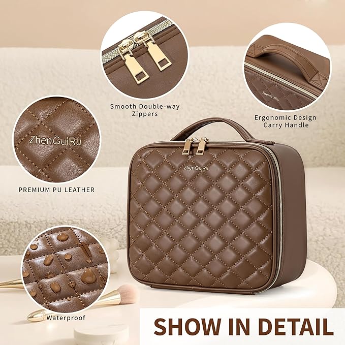 ZhenGuiRu Travel Makeup Bag with LED Mirror – Waterproof Cosmetic Train Case with Adjustable Dividers, Portable Makeup Organizer and Toiletry Bag for Women, Pink Teens & Girls Gift