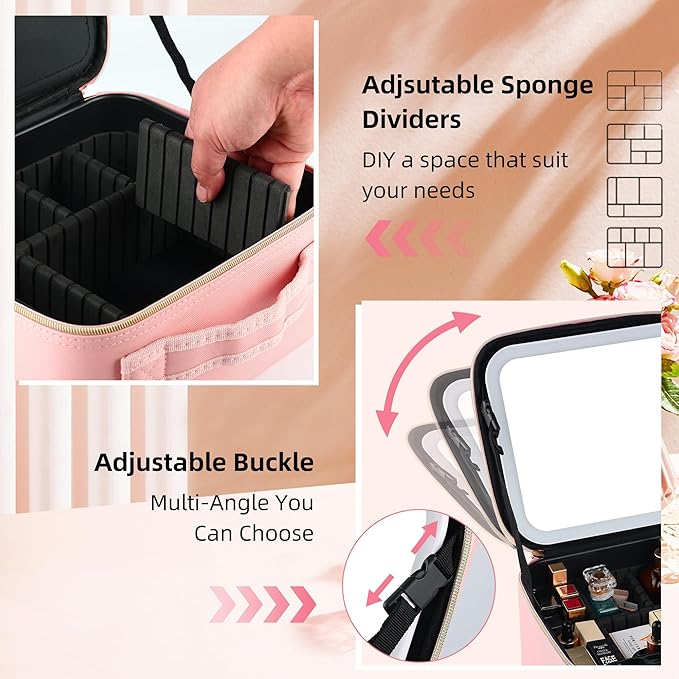 ZhenGuiRu Travel Makeup Bag with LED Mirror – Waterproof Cosmetic Train Case with Adjustable Dividers, Portable Makeup Organizer and Toiletry Bag for Women, Teens & Girls Gift, Pink