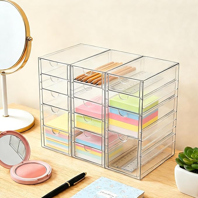 Prsildan Acrylic Drawer Organizer with 15 Drawers, Makeup Craft Office Desk Organizers Accessories, Set of 3 Clear Stackable Storage Drawers for Vanity, Countertop, Jewelry, Art Supply Organization