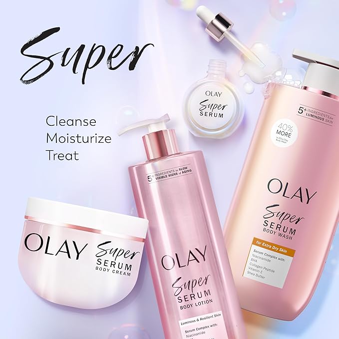 Olay Super Serum Body Wash for Extra Dry Skin, 24hr Long Lasting Hydration, 5+ Ingredient Complex for Bright Even Firm Luminous Skin, 28 fl oz