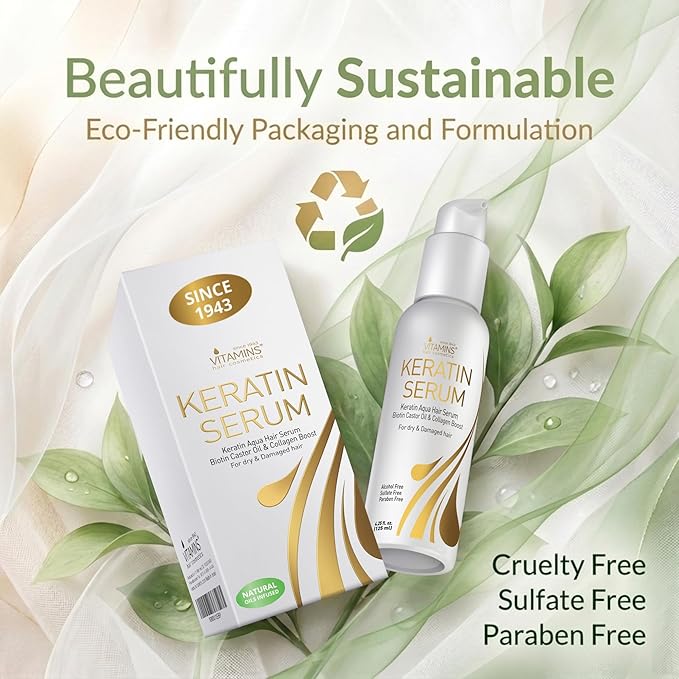 VITAMINS hair cosmetics Keratin Hair Serum Oil for Frizzy, Dry, Damaged Hair - Anti-Frizz Shine Gloss Treatment, Heat Protectant with Biotin, Castor Oil and Collagen - 4.25 fl oz