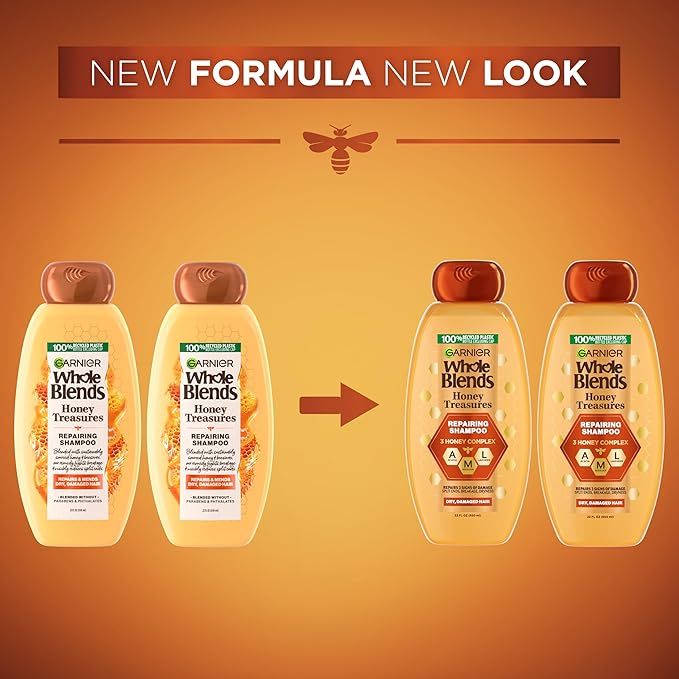 Garnier Whole Blends Honey Treasures Repairing Shampoo, for Dry, Damaged Hair, 22 Fl Oz, 2 Count (Packaging May Vary)