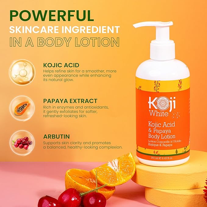 Koji White Kojic Acid & Papaya Body Lotion - Exfoliating, Hydrating, Moisturizing, Skin Care for Sun-Damaged Skin, Vegan, Paraben-Free, 8.45 Fl Oz (1 Bottle)