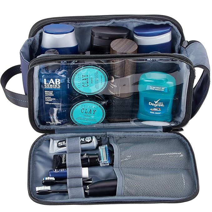 ZEEMO Travel Toiletry Bag for Men, Medium Water-Resistant Double-Sided Full-Open Dopp Kit, Versatile Organizer for Shower and Hygiene Accessories, Bathroom Essentials, Cosmetics, Blue