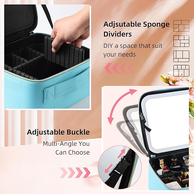 ZhenGuiRu Travel Makeup Bag with LED Mirror – Waterproof Cosmetic Train Case with Adjustable Dividers, Portable Makeup Organizer and Toiletry Bag for Women, Teens & Girls Gift, Blue