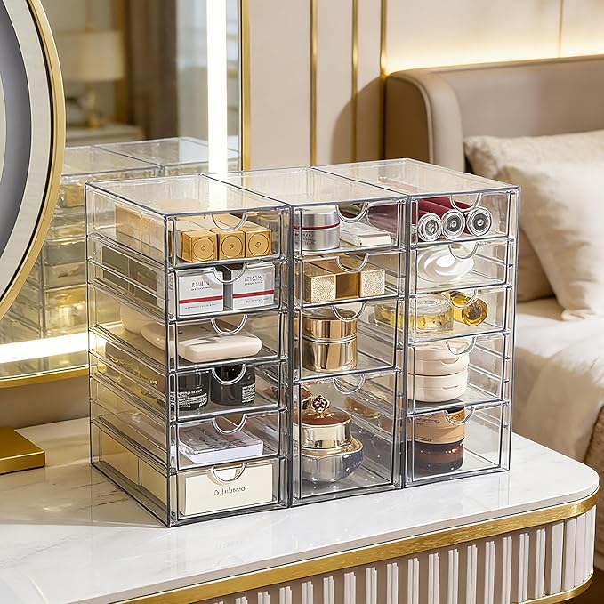 Prsildan Acrylic Drawer Organizer with 15 Drawers, Makeup Craft Office Desk Organizers Accessories, Set of 3 Clear Stackable Storage Drawers for Vanity, Countertop, Jewelry, Art Supply Organization