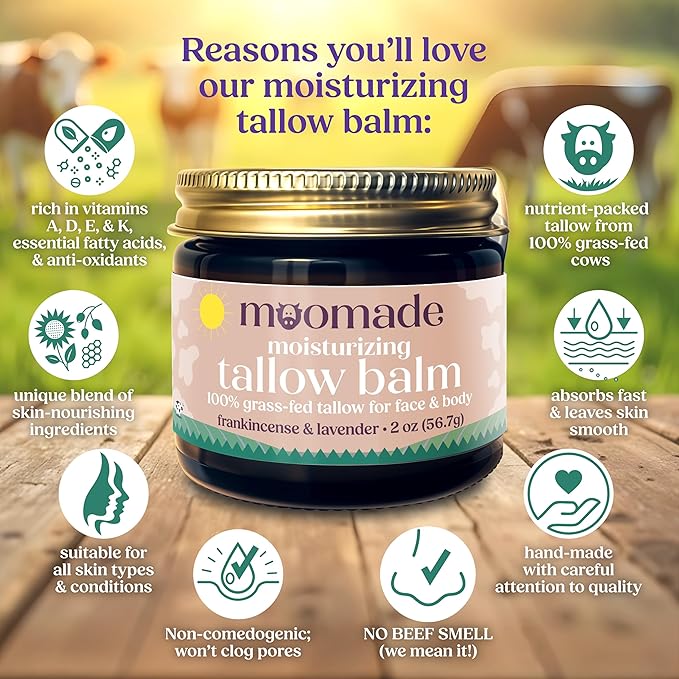 Organic Beef Tallow Balm with Frankincense, Lavender, & Rosehip Oil, 2 oz – Hand Made in USA Tallow Moisturizer for Dry, Sensitive Skin, Rosacea, Eczema | Natural Hydration for Face & Body