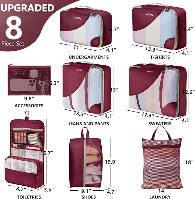 8 Set Packing Cubes for Travel, Anti-Tearing Suitcase Organizer for Luggage with Shoe & Hanging Toiletry Bag,Gifts for Women Mom,OlarHike Vacation Essentials & Accessories for Cruise Ship,Wine