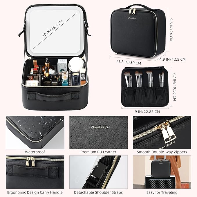 ZhenGuiRu Travel Makeup Bag with LED Mirror – Waterproof Cosmetic Train Case with Adjustable Dividers, Portable Makeup Organizer and Toiletry Bag for Women, Teens & Girls Gift, Black