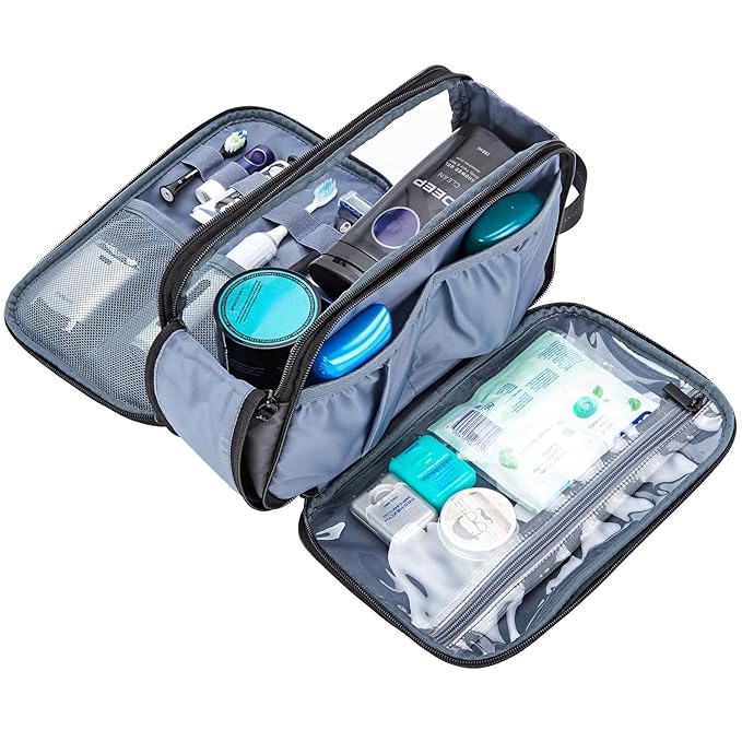ZEEMO Travel Toiletry Bag for Men, Medium Water-Resistant Double-Sided Full-Open Dopp Kit, Versatile Organizer for Shower and Hygiene Accessories, Bathroom Essentials, Cosmetics, Grey