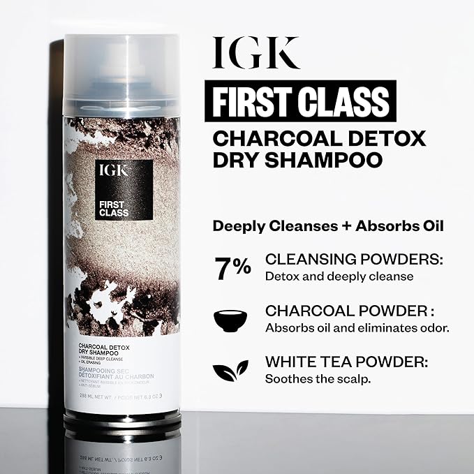 IGK First Class Charcoal Detox Dry Shampoo | Deep Cleansing, Oil & Odor Absorbing | Adds Volume & Texture | For All Hair Types | 6.3 oz