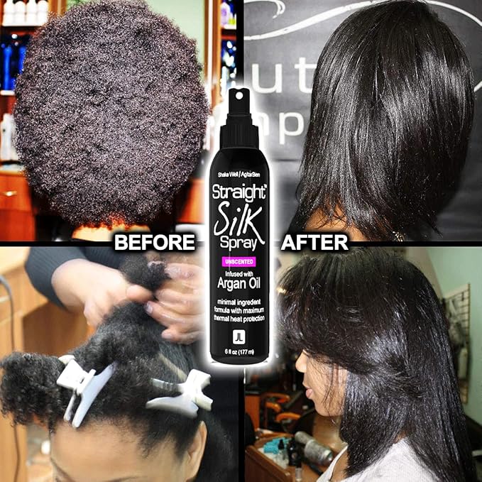 Straight Silk Spray with Moroccan Argan Oil Thermal Protector Spray | Hair Straightening & Detangler | Alcohol-Free | Heat Protectant up to 450°F | Flat-Iron | Blow-Dry | Unscented | MADE IN USA (6oz)