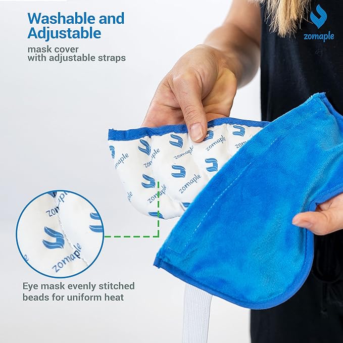 ZOMAPLE Heated Eye Mask, Blue – Soothing Moist Heat for Dry, Tired Eyes – Quick Microwave Prep, Adjustable Strap, Travel Pouch & Plush Washable Cover – Reusable, Cord-Free Warm Compress for Eyes