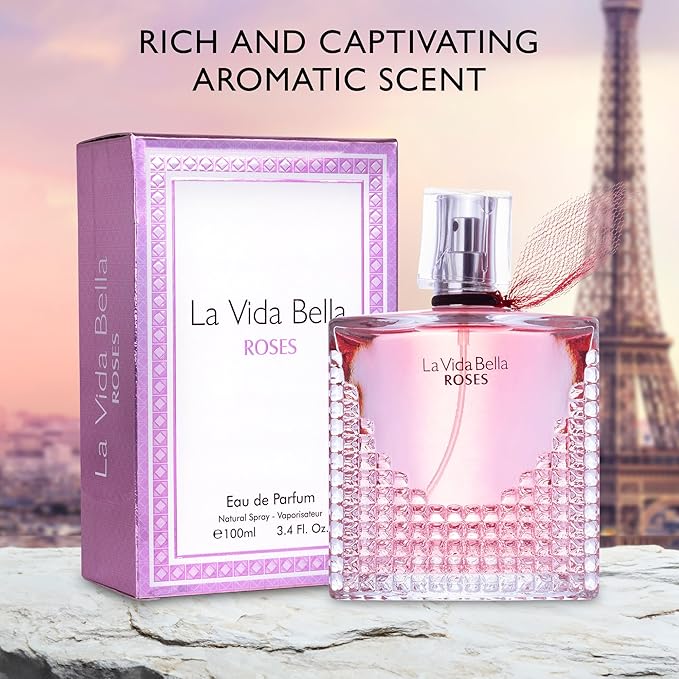 La Vida Bella Roses for Women Eau De Parfum - Floral Amber Fragrance that Combines Top Notes of Raspberry, Pink Pepper & Bergamot - Sugary Rush & Citrusy - Spicy & Rich Aromatic Scent 100ml Bottle