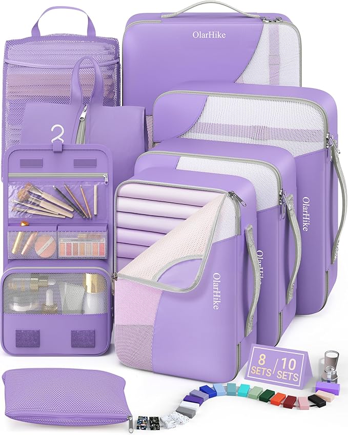 8 Set Packing Cubes for Travel,Anti-Tearing Suitcase Organizer for Luggage with Shoe & Hanging Toiletry Bag,OlarHike Vacation Essentials & Accessories for Cruise Ship,Light Purple