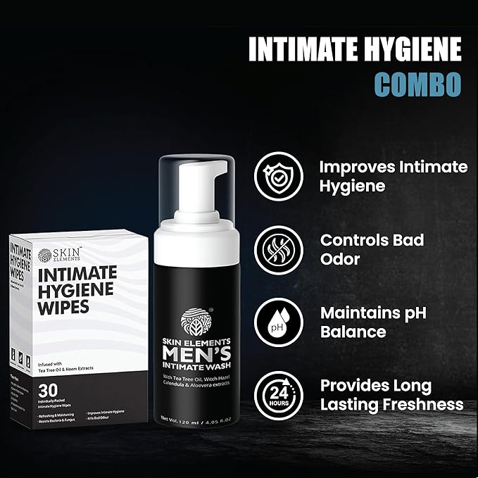 Skin Elements Intimate Hygiene Combo| Intimate Wash Men 120 ml+Intimate Wipes 30 Individual Sachets With Tea Tree & Neem Extracts - pH Balanced Foaming Wash Prevents Irritation & Bad Odor
