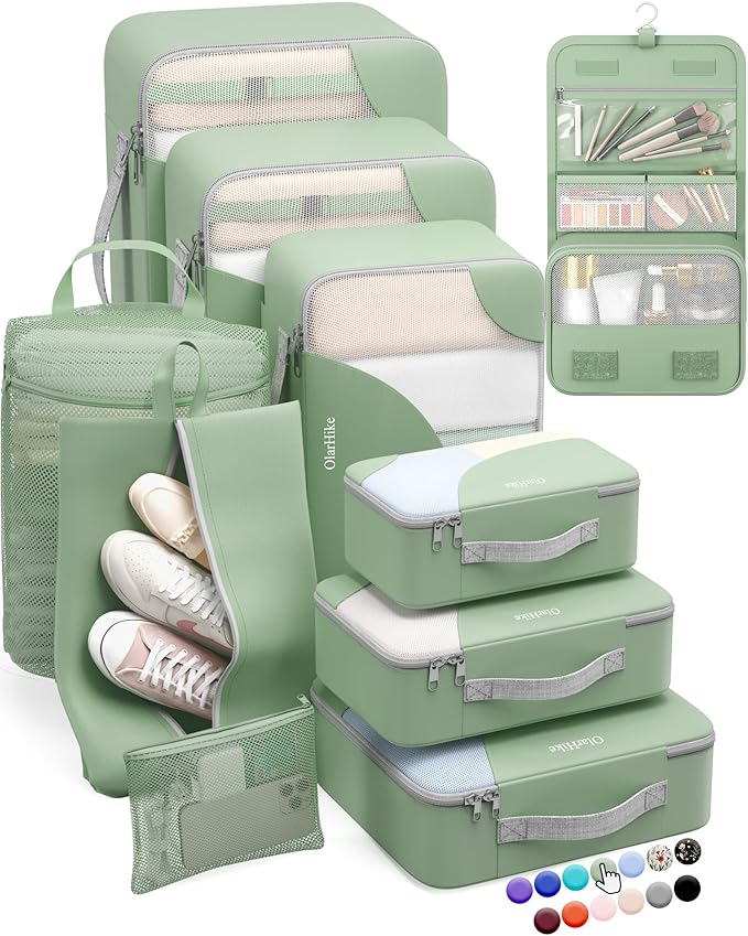 ALL INCLUDED 10 Set Durable Packing Cubes for Suitcases,OlarHike Essentials for Travel,UPGRADED Anti-Tear Stitching, NEW Improved Luggage Packing Organizers for Travel Accessories, Matcha Green