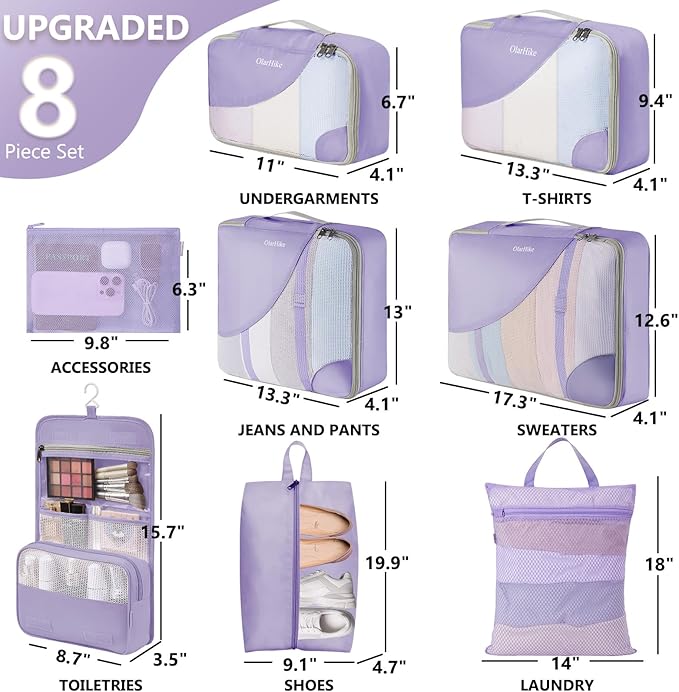 8 Set Packing Cubes for Travel,Anti-Tearing Suitcase Organizer for Luggage with Shoe & Hanging Toiletry Bag,OlarHike Vacation Essentials & Accessories for Cruise Ship,Light Purple