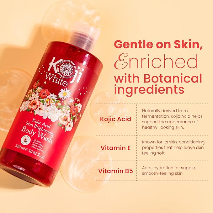 Koji White Kojic Acid Skin Brightening Body Wash - Daily Moisturizing Cleanser, Uneven Skin Tone with Flower Acid Extracts, Hyaluronic Acid, Vitamin E & B5, Vegan Body Wash, 10.82 Fl oz