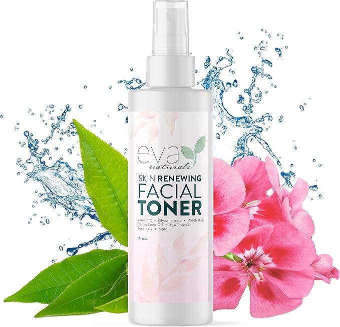 Eva Naturals Witch Hazel Face Toner – Hydrating & Clarifying Toner with Glycolic Acid, Vitamin C & Aloe for Acne, Oily, Dry & Sensitive Skin, Pore Tightening Facial Mist for Balanced Glow (4oz)